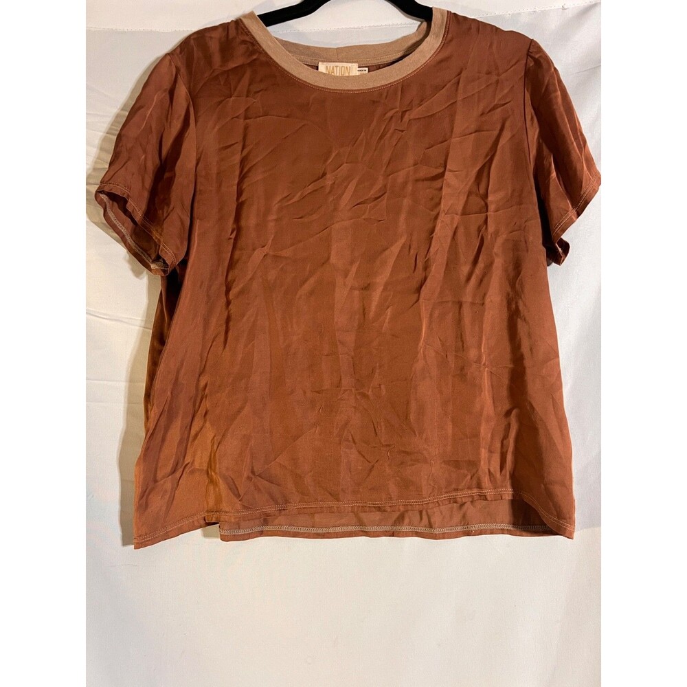 Nation LTD Marie Top Woman's M Silky Satin T-shirt Brown Short Sleeve Shirt